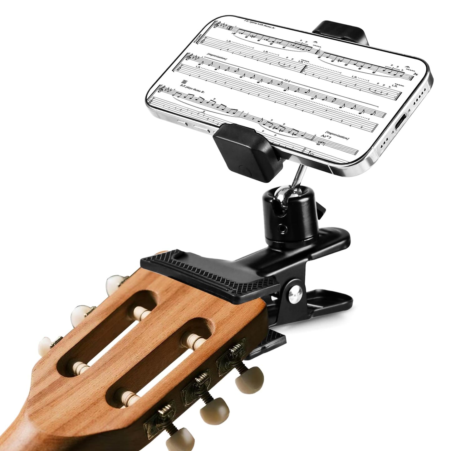 Guitar Phone Holder [Big Phones Friendly] 360 Adjustable Guitar Phone Mount for Ukulele Bass Live Broadcast Teaching Video, Univ