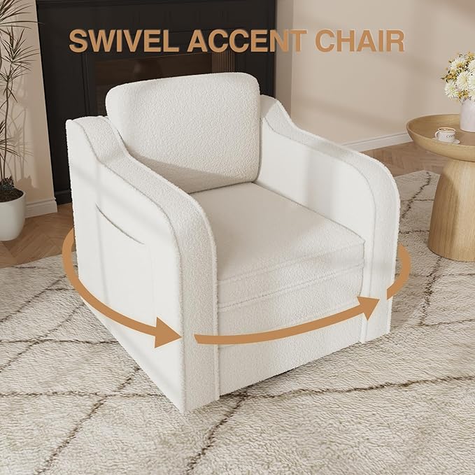 FiveWillowise Swivel Accent Chair for Living Room, 30 Inches Barrel Upholstered Armchair, Cozy Modern Arm Chair Single Sofa for Bedroom, Apartment, Reading Room, White