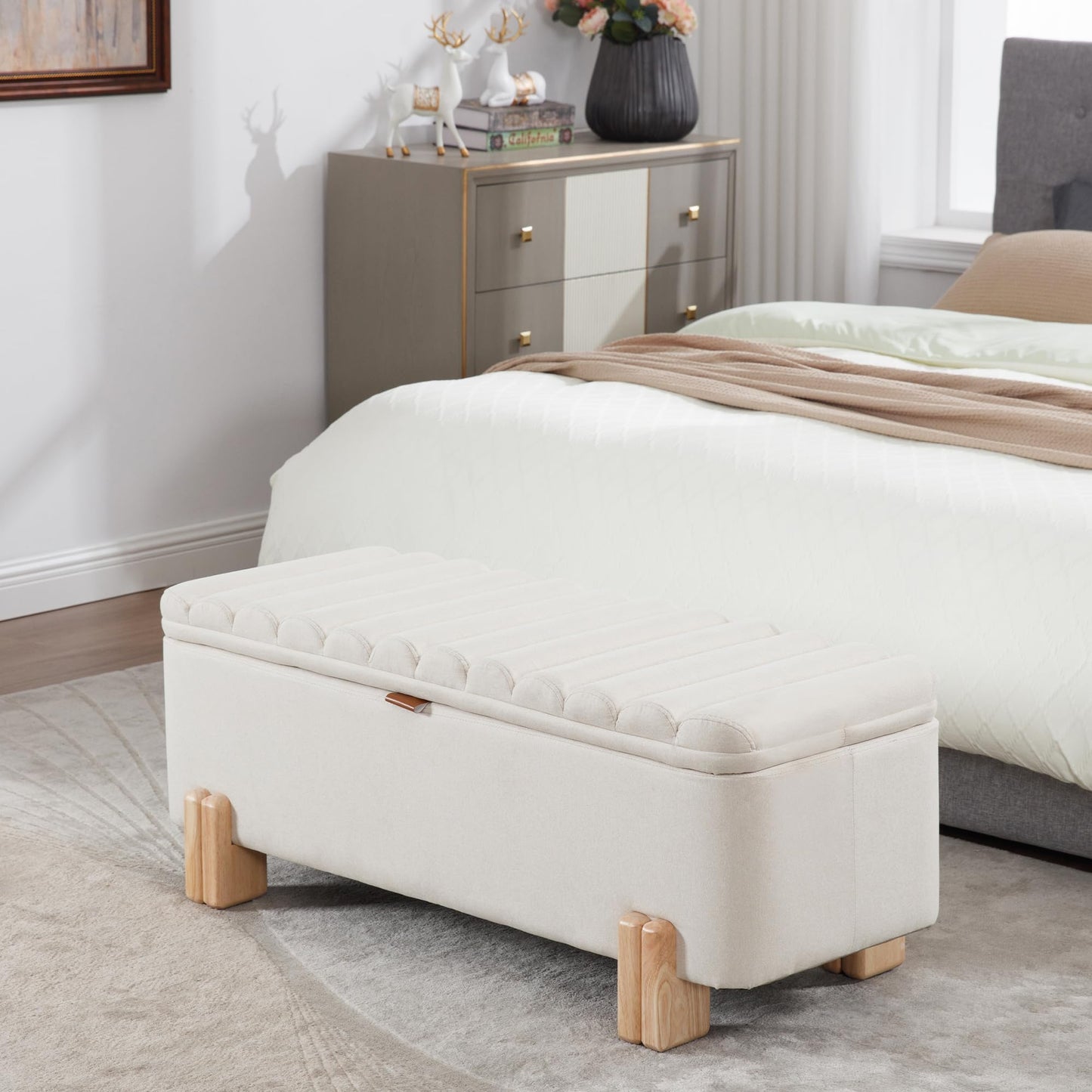 LZAREAL Wavy Ottoman Storage Bench Multi-Functional Narrow Entryway Bench Elegant End of Bed Bench with Storage and Safty Hinge for Living Room Entryway Hallway Bedroom Boutique, Beige
