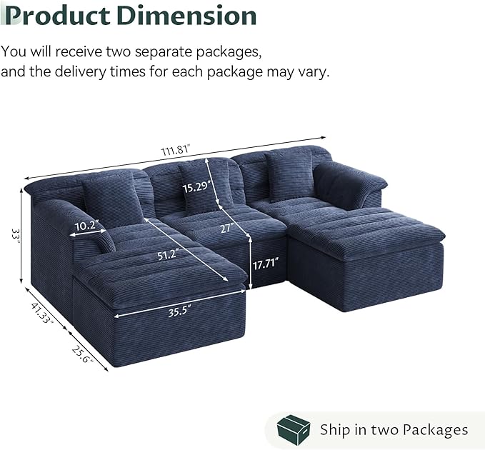 SUNG7 111.8" Modular Sofa with Ottoman, Boneless Cloud Couch with Deep Seat, Comfy U-Shape Corduroy Couches for Living Room, No Assembly Required, Blue