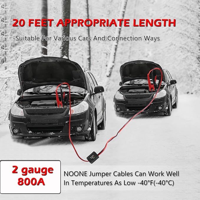 NOONE Heavy Duty Jumper Cables - 2 Gauge 20 Feet 800Amp Automotive Booster Cables with Smart-6 Protector for Jump Starting Dead or Weak Batteries (2AWG x 20Ft)