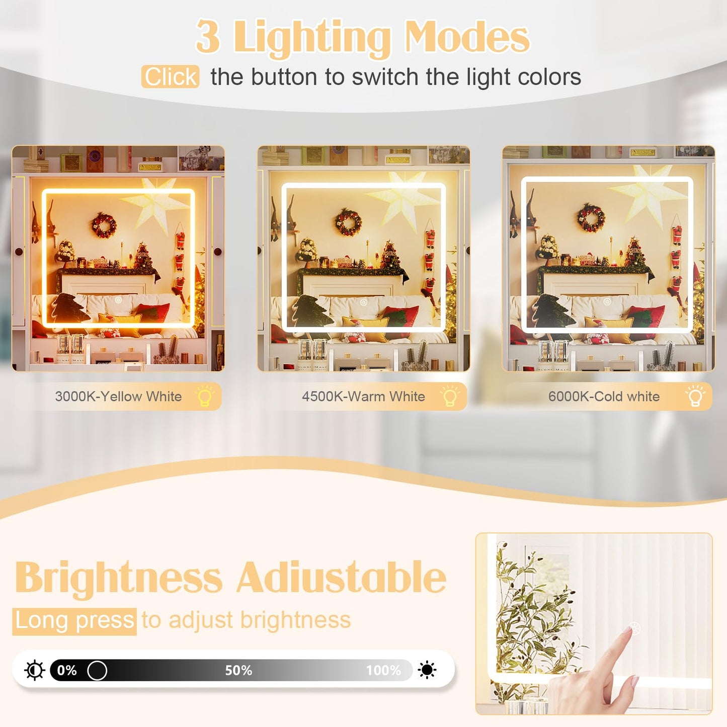 Vanity Desk with HD Lighted Mirror & Power Outlet, Farmhouse Makeup Vanity Table with 5 Storage Drawers & 2 Cabinets & Shelves, Large Glass Top Dressing Table with 3 Lighting Modes for Women,White
