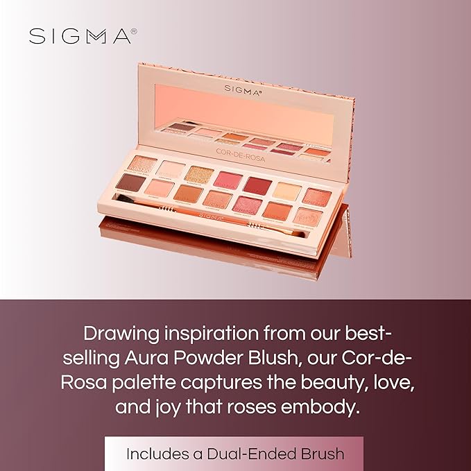 Sigma Beauty Cor-De-Rosa Eyeshadow Palette - 14 Warm Eyeshadow Shades in Matte, Shimmer and Metalic Finishes - Highly Pigmented Vegan Eye Makeup Palette - Clean Beauty Products