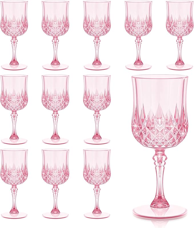 Dualshine 12 Pcs Pink Wine Glasses, Plastic Disposable Goblets Champagne Cups Drinking Glasses for Parties, Daily Home Us...