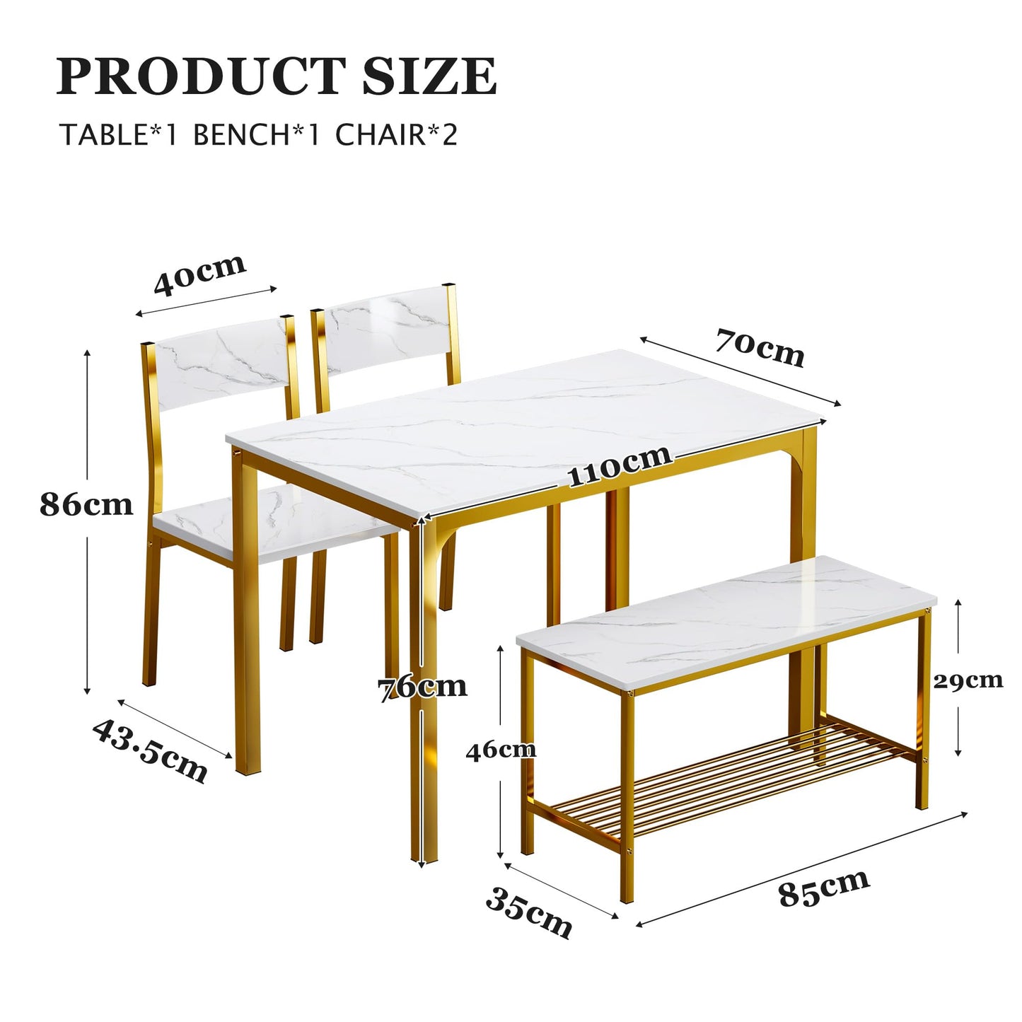 sogesfurniture Modern 4-Piece Kitchen Dining Table Set with 1 Bench and 2 Chairs, Kitchen Bench Table Set for 4, Wooden Kitchen Table and Chairs for Limited Space,Gold
