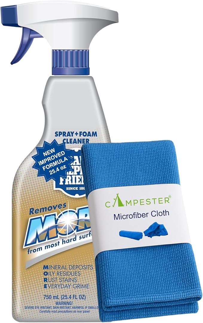 Campester Microfiber Cloth with More Spray + Foam Cleaner 25.4 oz – Dual Spray & Foam Action Rust + Stain Remover for Stainless Steel, Glass, Ceramic, Faucets & Bathroom Surfaces