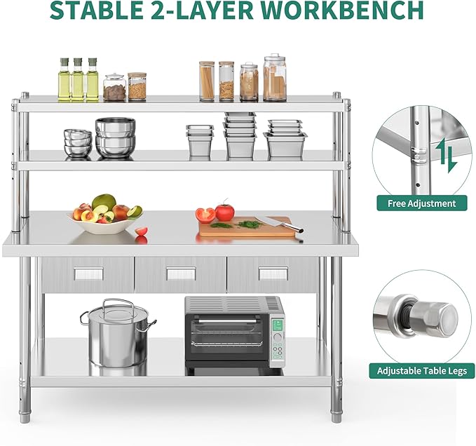 YITAHOME 60" X 24" NSF Stainless Steel Table with Overshelves and 3 Drawers, Work Table with 60" X 12" Shelf & 3 Drawers, Metal Table Prep Table for Commercial Home Kitchen Restaurant Garage Warehouse