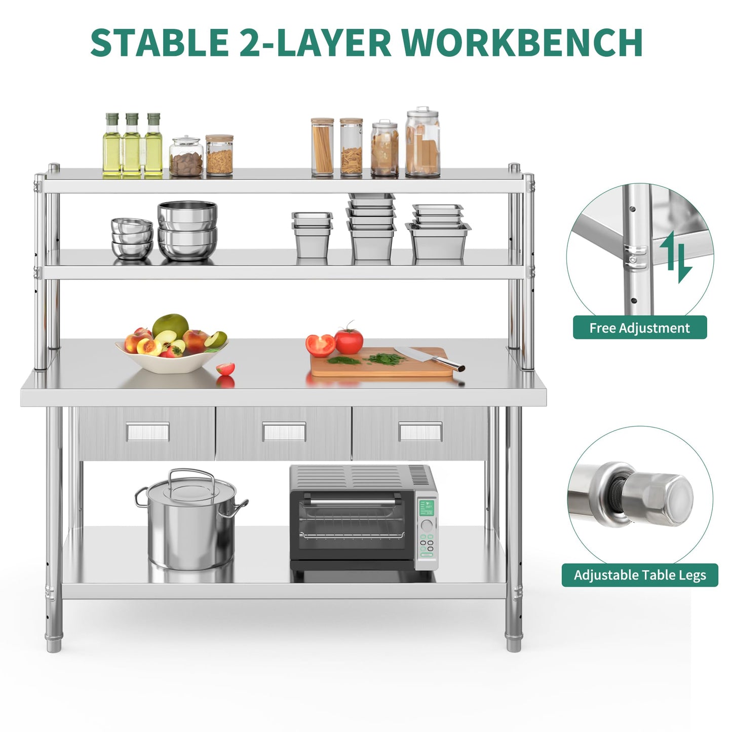 YITAHOME 60" X 24" NSF Stainless Steel Table with Overshelves and 3 Drawers, Work Table with 60" X 12" Shelf & 3 Drawers, Metal Table Prep Table for Commercial Home Kitchen Restaurant Garage Warehouse