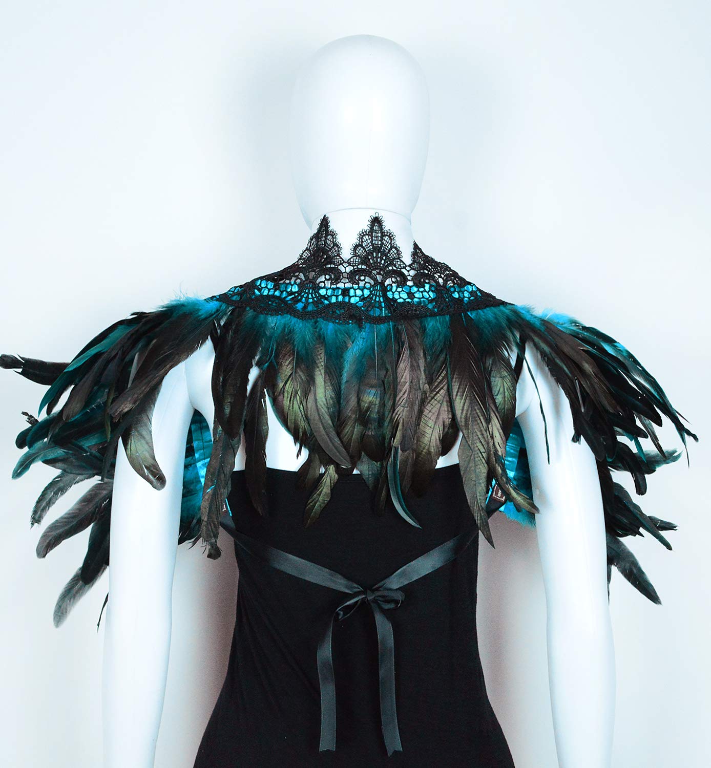 L'VOW Black Crow Feather Cape Shawl Stand Up Collar Halloween Devil Wings Witch Costume (Acid blue)