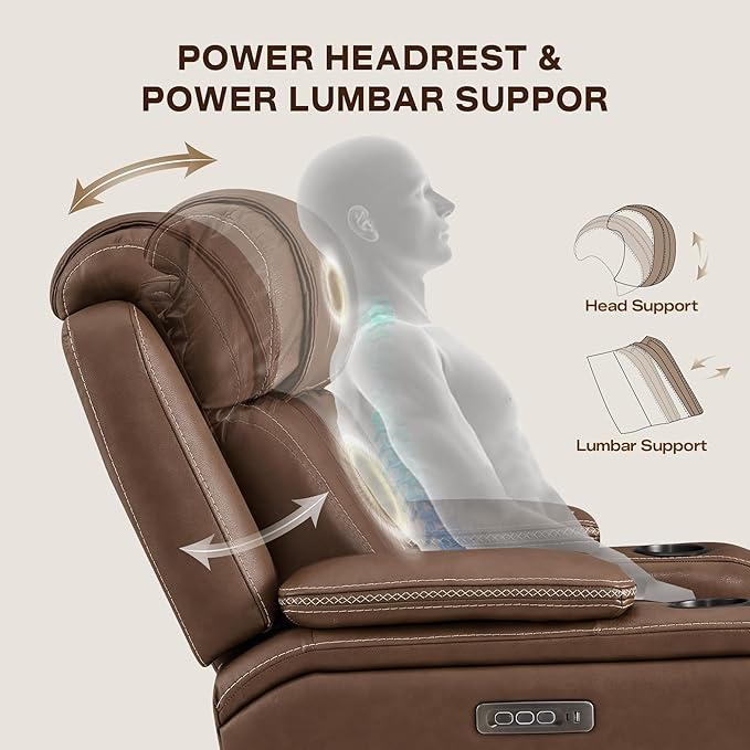 Watson & Whitely Genuine Leather Electric Recliner Chairs, Oversized Super Zero Gravity Recliner Triple-Motor W Adjustable Lumbar Headrest Support & Hidden Storage, Cafe Brown