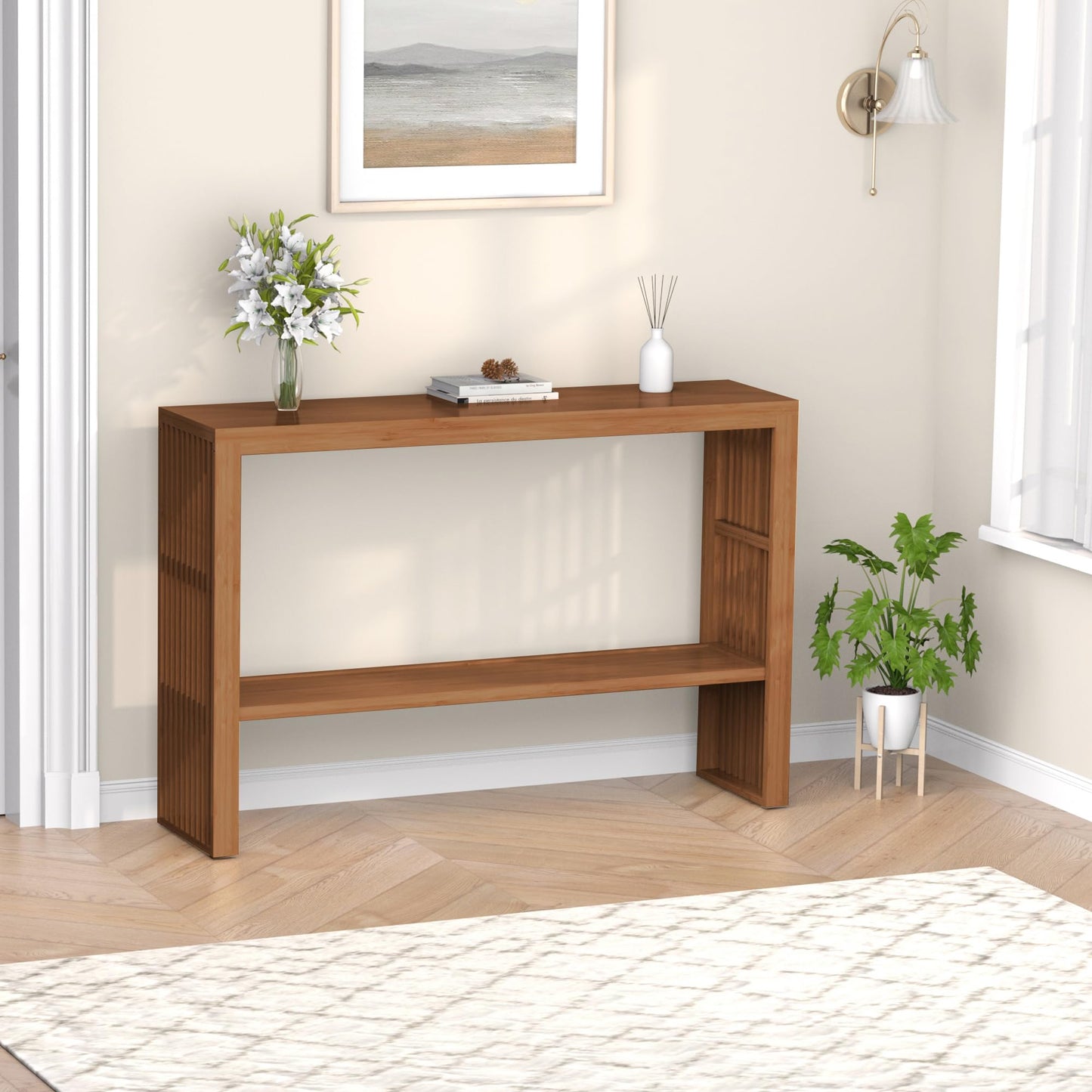 Bamboonova Bamboo Wood Entryway Table 47.2" Console Table, 2-Tier Farmhouse Narrow Sofa Table with Grille-Inspired Sides Easy Assembly for Entrance, Hallway, Living Room, Bedroom, Foyer(Walnut)