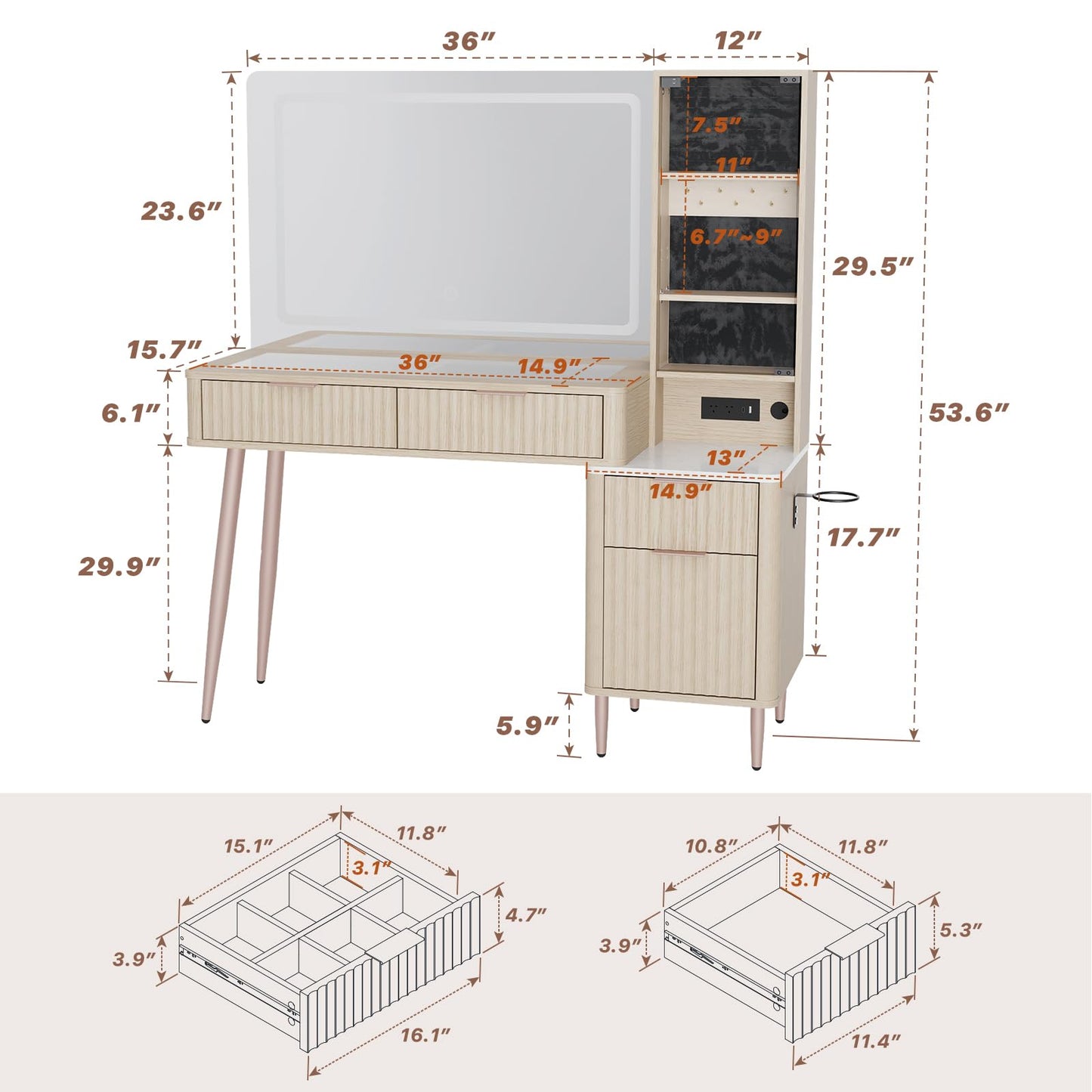 IKALIFE 48" Fluted Makeup Vanity Desk with 36" Mirror and 3 Modes Lights, Glass Top Dressing Table with Jewelry Organizer Cabinet, Storage Cabinet, 3 Drawers, Charging Station for Bedroom, Oak