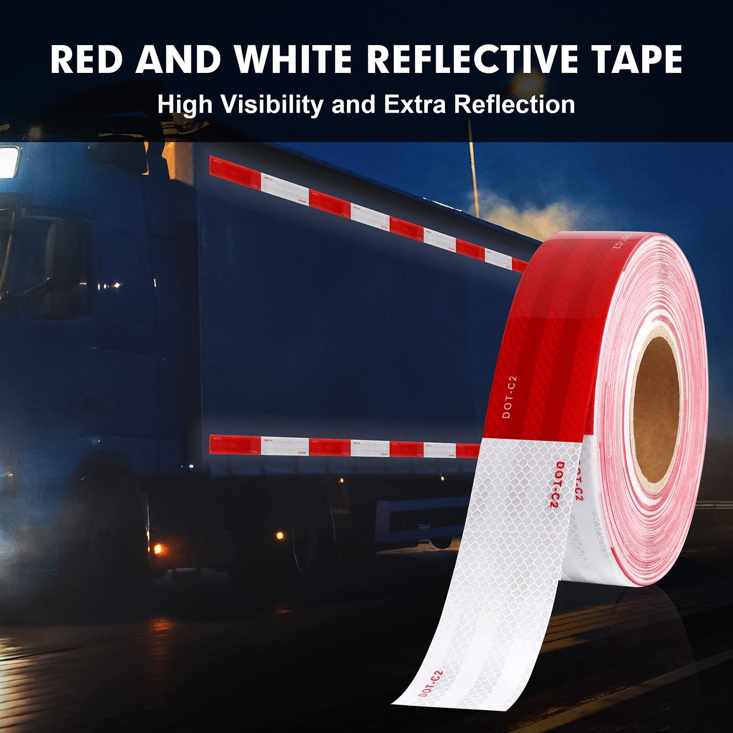 WAENLIR 2 inch x 160Feet Dot Reflective Tape Outdoor Waterproof High Visibility Safety Tape, Red and White Adhesive Conspicuity Tape for Trailer, Cars, Trucks, Cinta reflectiva para camiones