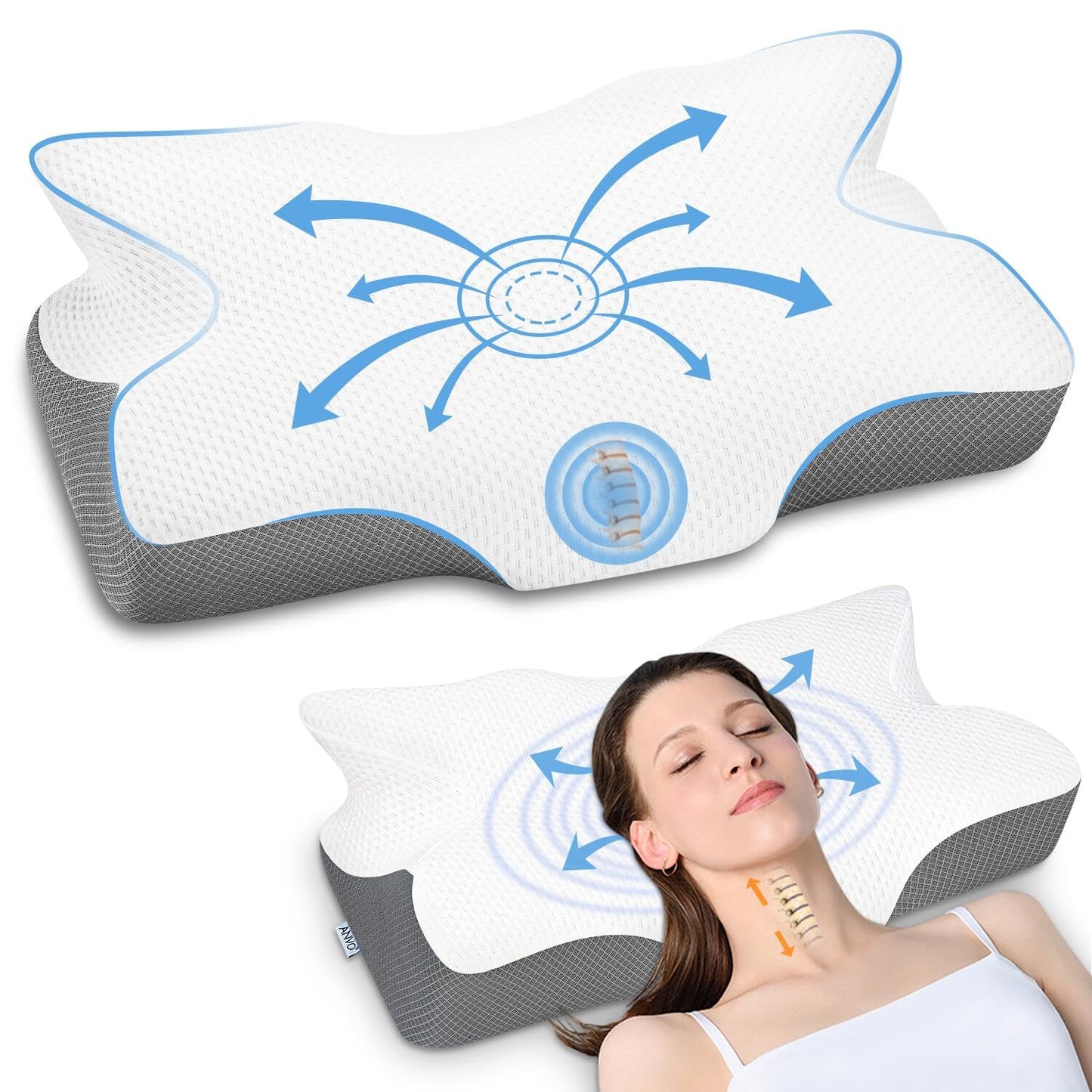 Anvo Cervical Pillow for Neck Pain Relief, Neck Pillows for Pain Relief Sleeping, Memory Foam for Back and Shoulder Pain, Ergonomic Design for Side Back Stomach Sleeper, Cream Soft Queen