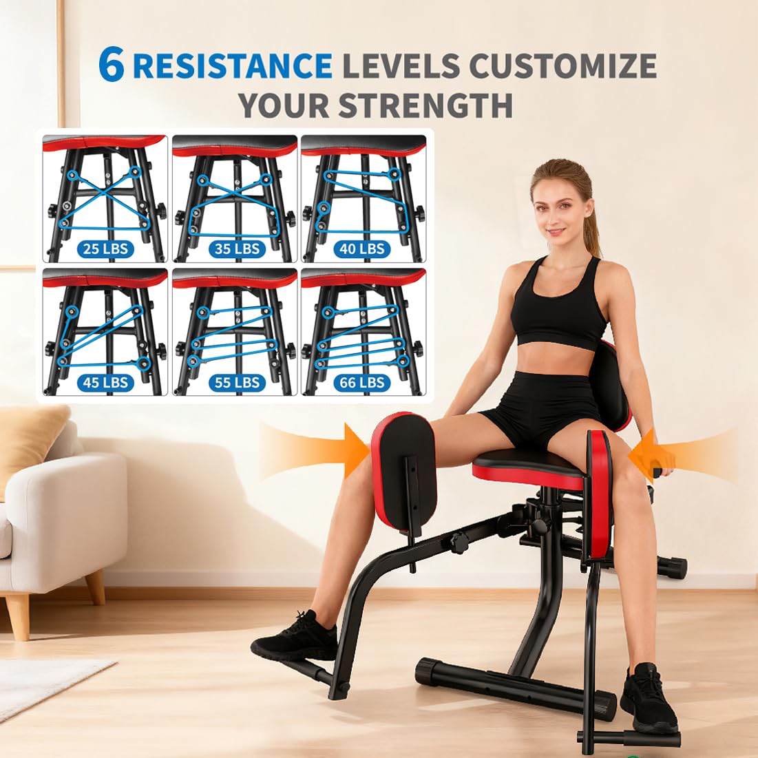 2-in-1 Hip Abductor and Adductor Machine, Inner and Outer Thigh Exercise Equipment, Leg Workout Machine for Home Gym (Red)