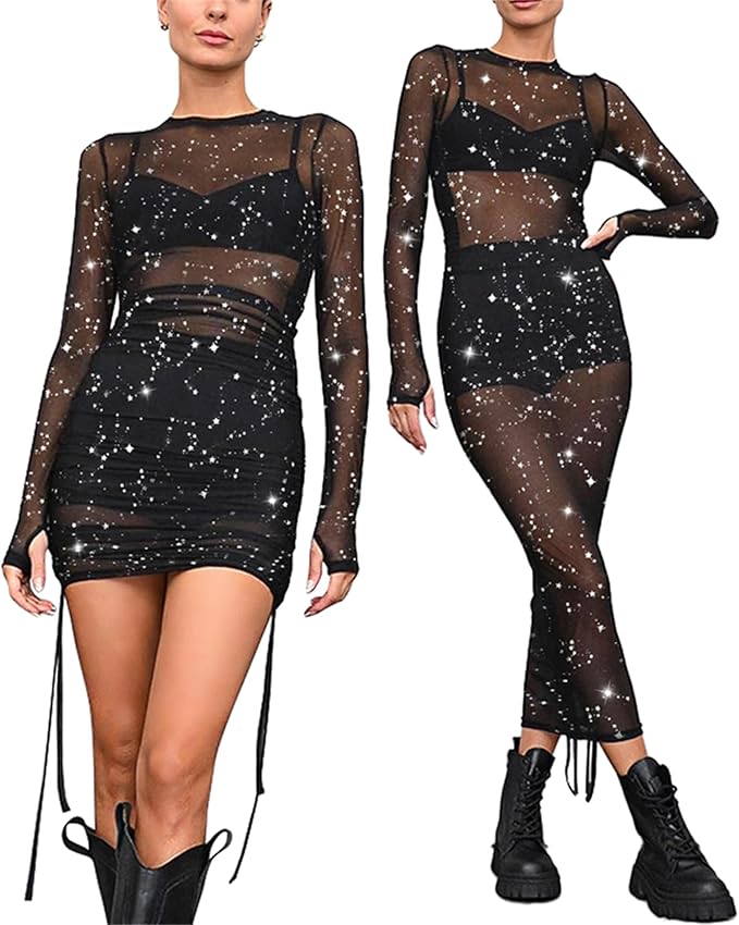 Womens Mesh Dress Ruched Glitter Long Sleeve Bodycon Sexy See Through Clubwear Rave Outfits