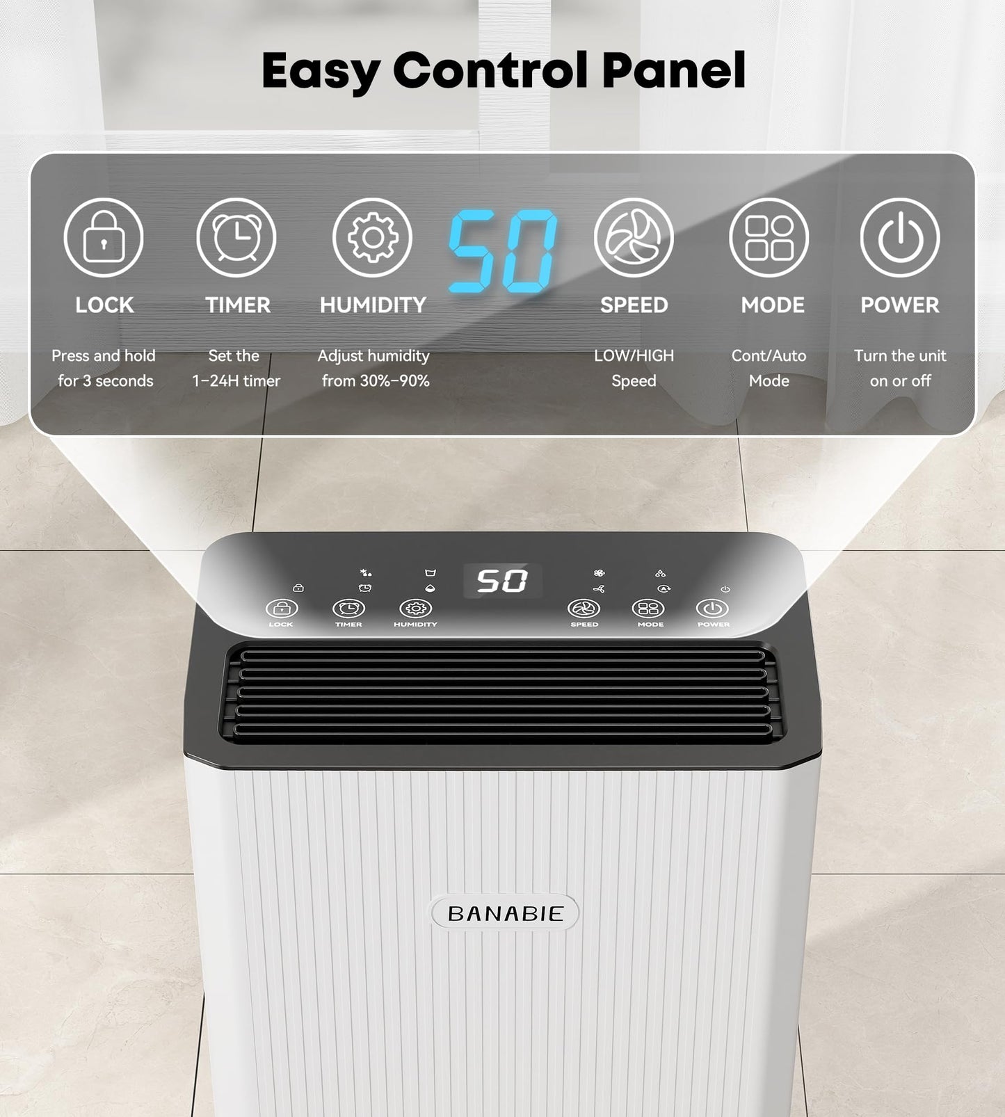 BANABIE 2500 Sq.Ft Dehumidifier for Basement, 32 Pint Dehumidifiers for Home with Drain Hose, Ultra Quiet 32dB, Smart Humidity Control, 24H Timer, Energy Efficient, Portable for Bedroom, Bathroom, RV