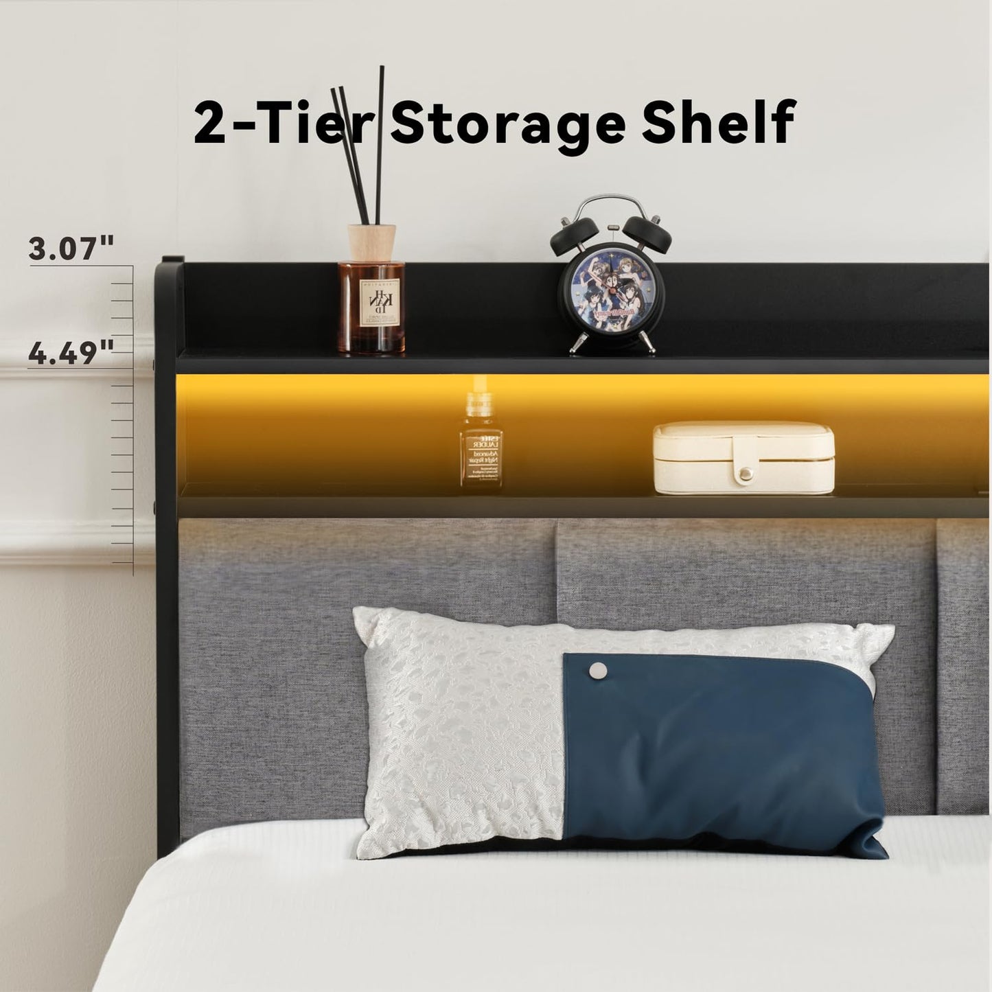 Z-hom Twin Bed Frames, Upholstered Upgraded Metal Bed Frame with LED Lights Headboard & Footboard, Bed Furniture with Charging Station Ports & Storage Shelves, Easy Assembly Bed Frame, Noise Free