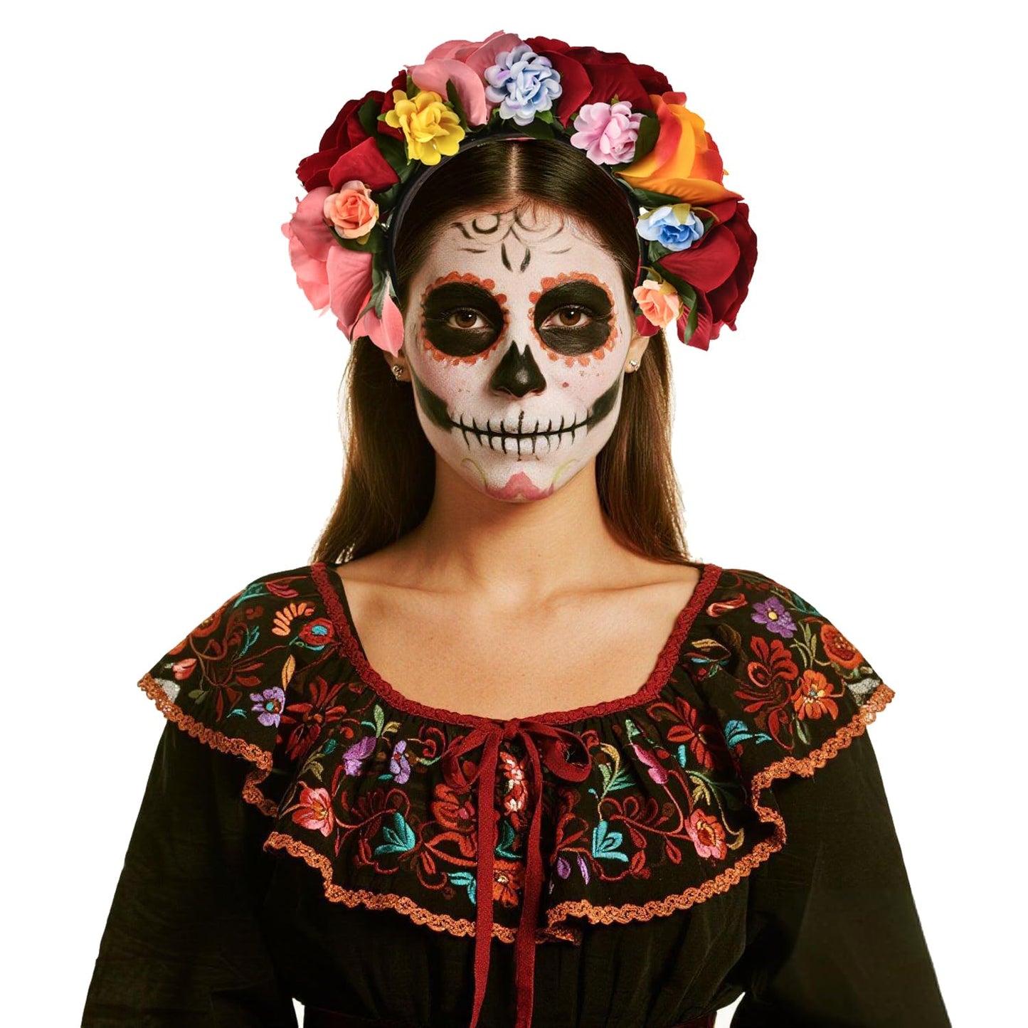 June Bloomy Mexican Flower Headband Halloween Cinco De Mayo Party Costume Day of The Dead Headpiece(SF-Red Pink Orange)