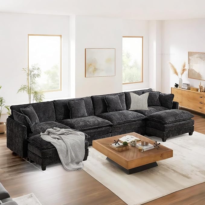 SoarFlash 149.61" Chenille Sectional Sofa, Comfy U Shaped Modular Coush Sofa with Ottoman, Modern 4 Seat Couch Deep Seat Sofa Set for Living Room,Black