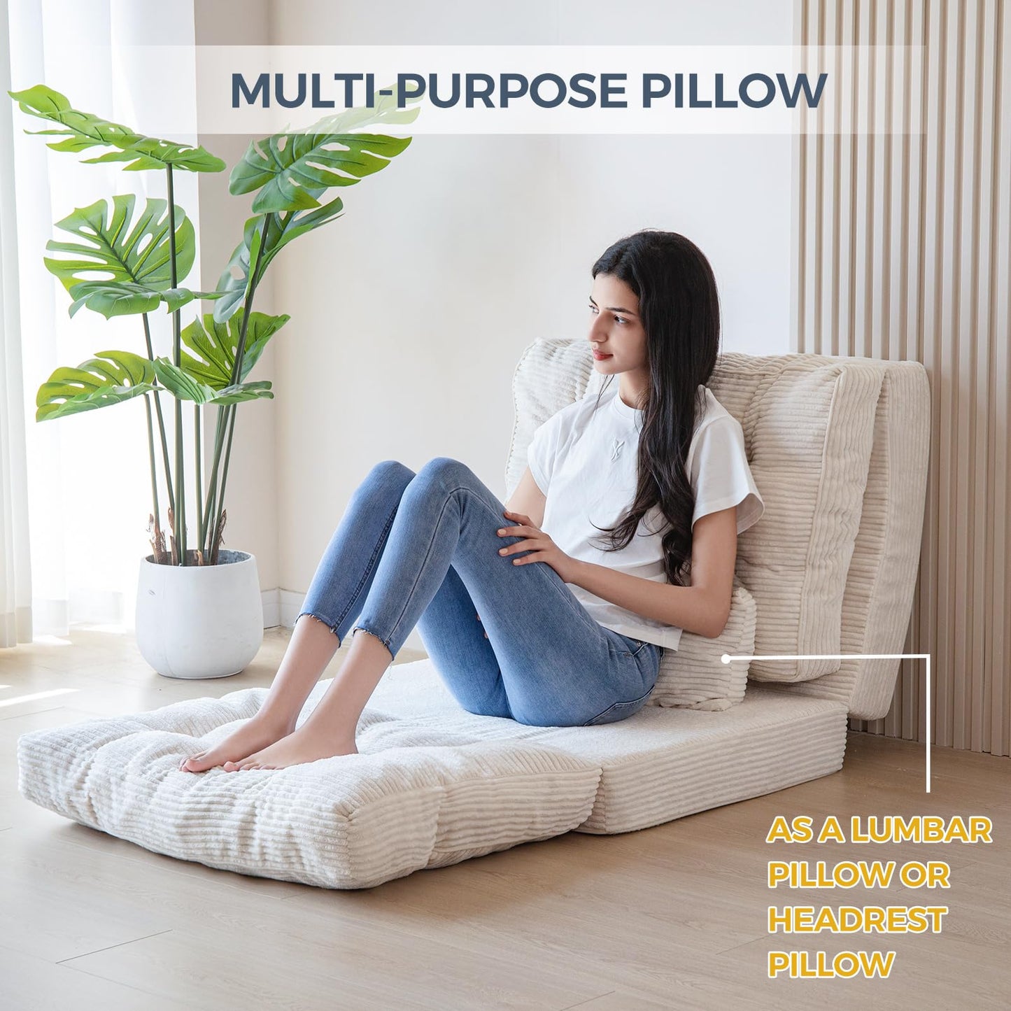 MAXYOYO Bean Bag Bed Tufted Folding Sofa Bed with Pillows, Extra Thick and Long Floor Mattress for Adults, Single Couch Bed for Bedroom Living Room, Beige, 30x91 Inch