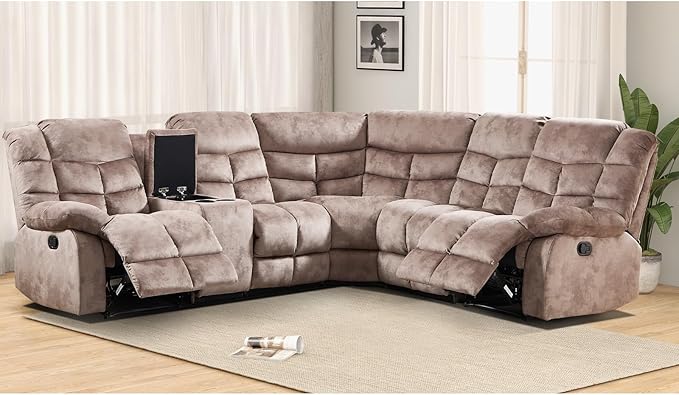 EBELLO Manual Reclining Sectional Sofa Set for Living Room, Soft Fabric Recliner Corner Sectional Couch with Center Console, Cup Holder and Storage, Brown