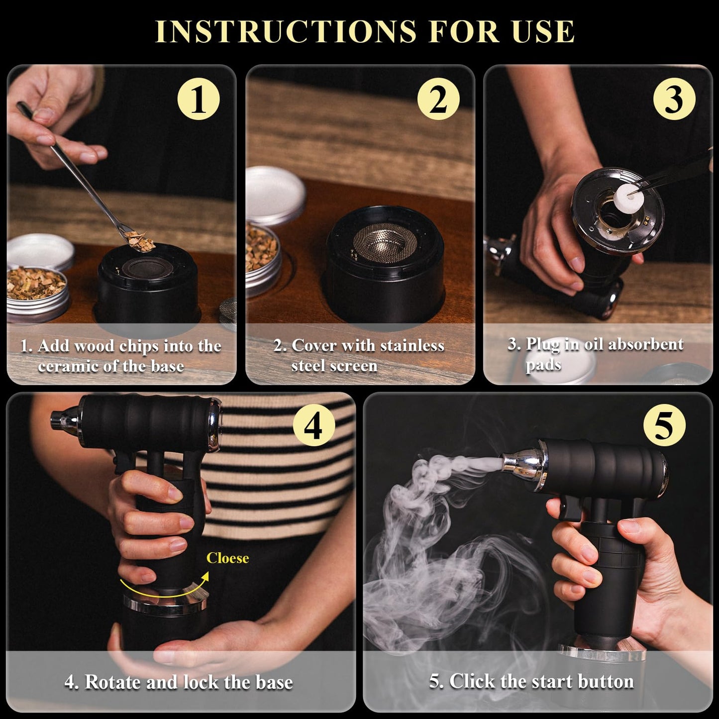 Whiskey Smoker Electric Set Bourbon Christmas Gifts for Men Old Fashioned Smoker Drink With 6 Wood Chips and 6 Whiskey Stones Food and Cocktail Smoked Kitchen Bar Tools Cool White Elephant Gifts Black