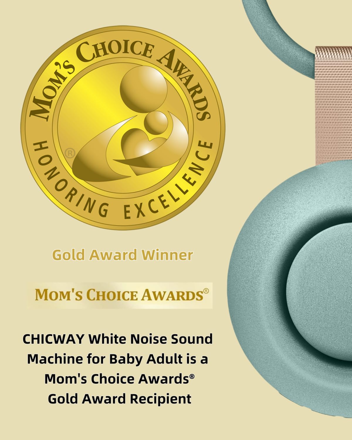 CHICWAY 2026 Mom's Choice Awards, Portable Sound Machine for Baby Adult, AI Cry Detection, 18 Soothing Sound, Bluetooth Rechargeable White Noise Machine for Home Office Travel, Nursery Light, Cyan