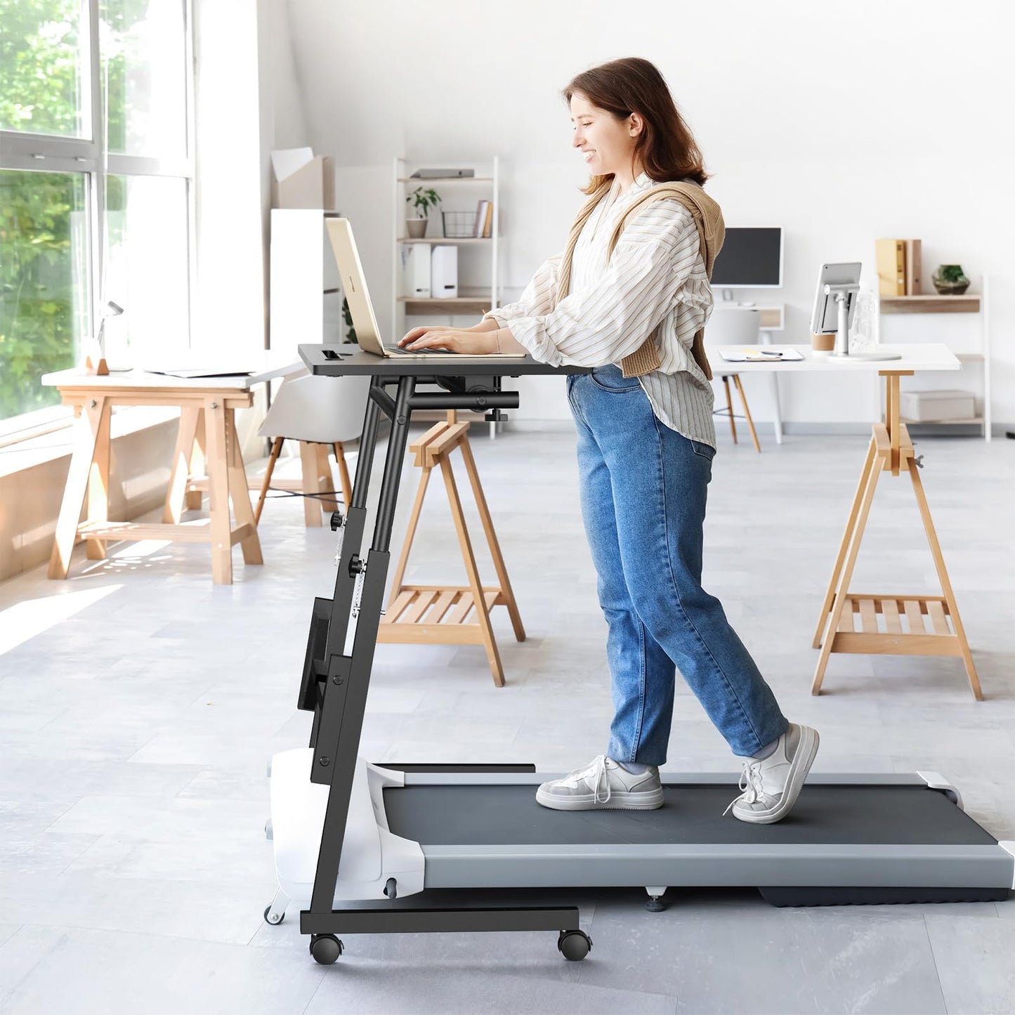 Enayplon Small Standing Desk with Wheels, Portable Treadmill Desk, Rolling Desk Adjustable Height for Laptop, Mobile Standing Table for Walking Pad, Bedside Table