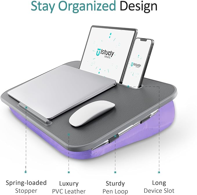 Lap Desk with Washable Cushion – Fits up to 15.6-Inch Laptops – Portable Laptop Desk & Stand – Bed desks & Tray for Writing, Reading, Working, Gaming on Bed, Couch, Floor – Istudyniture-Small, Purple