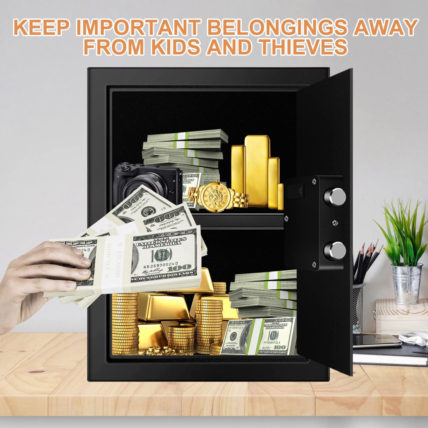 3.3 Cubic Feet Home Safe Fireproof Waterproof, Digital Home Security Safe Box with Programmable Keypad and Spare Keys, Document Safe for Money Firearms Medicine Valuables