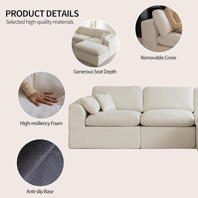 88''Cloud Sectional Couch, Modern L-Shape Sofa, Oversized Convertible 2 Seater Modular Couches for Living Room, Warm White