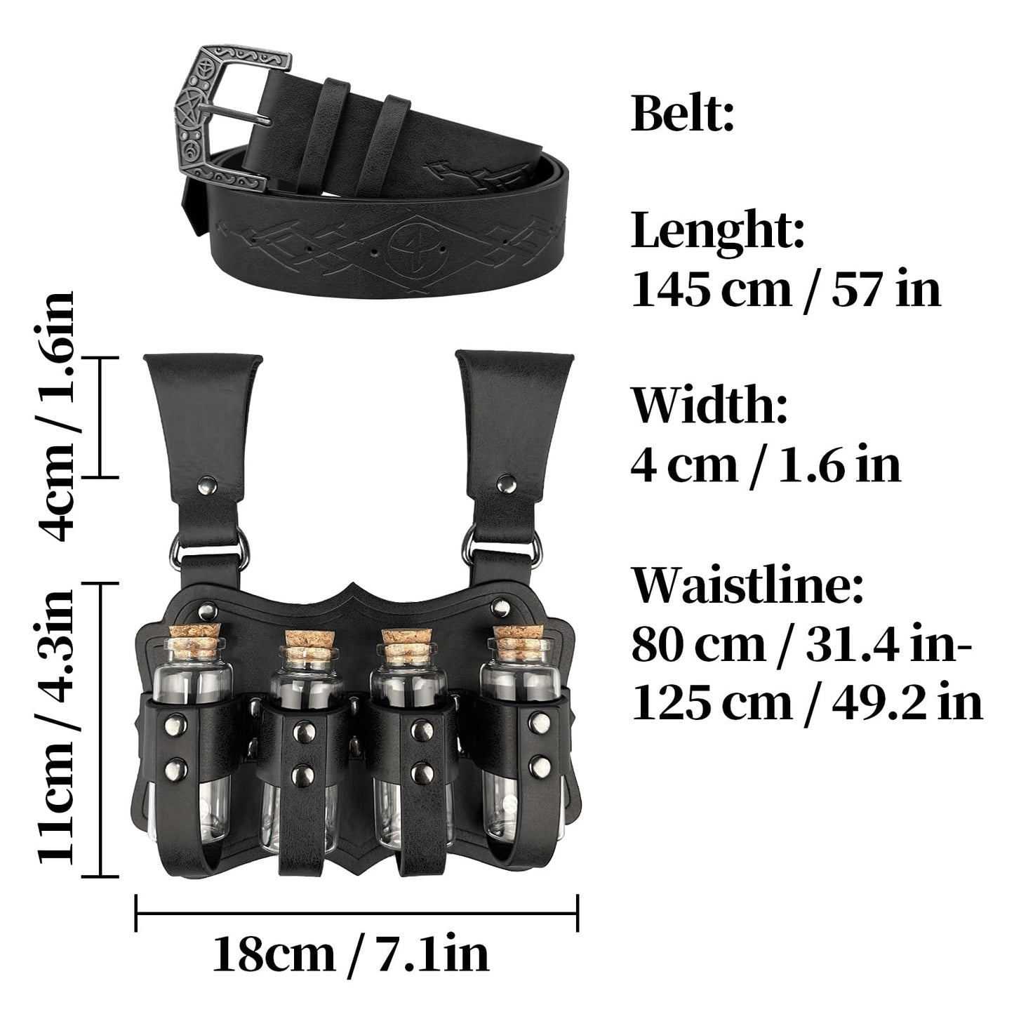 HiiFeuer Medieval Embossed Alchemy Faux Leather Buckle Belt with 4 Cork Vials, Fantasy Wizard Potion Bottles Belt (Black B)