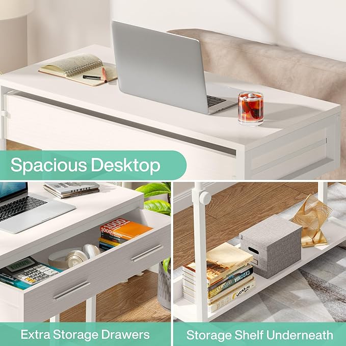 Tribesigns Portable Desk with Drawers, Mobile Laptop Desk with Wheels, Sofa Side Table Bed Desks, Small Standing Desk for Home Office (White)