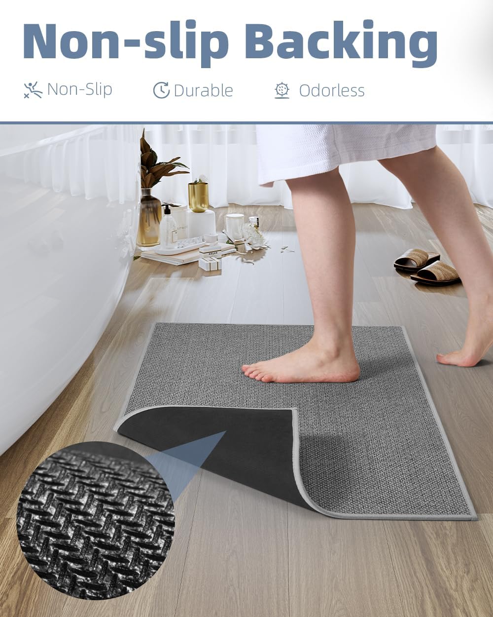 PADOOR Non-Slip Bath-Mats for Bathroom, Rubber-Backing Braided Absorbent Bathroom Mat Machine Washable Thin Bathroom Rugs Fit Under Door Quick Dry Bath Rugs for Floor, 17''x24'' Grey