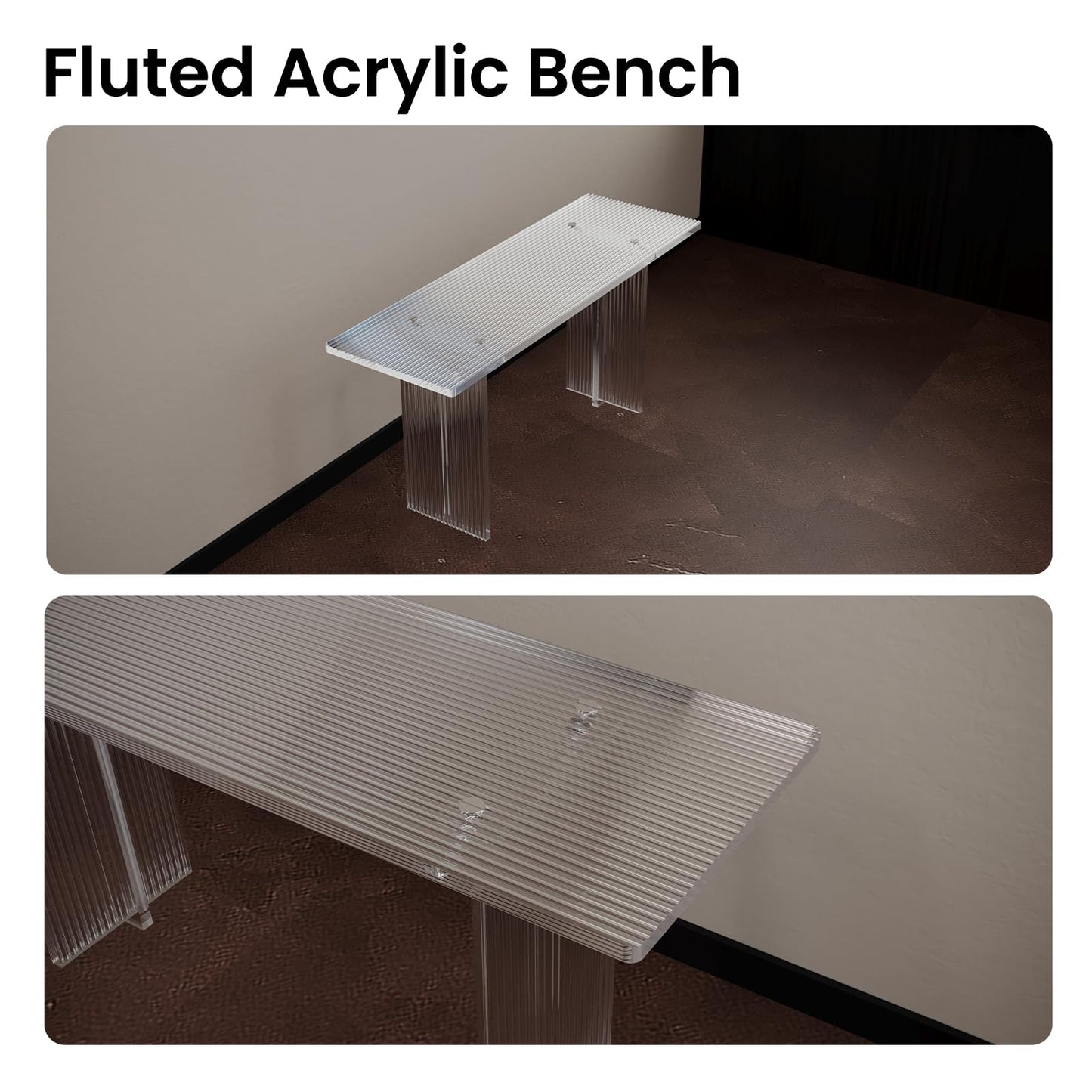 Sumerflos Fluted Textured Acrylic Bench - 35" Clear Entryway Bench for Bedroom, Hallway, Shoe Storage, Dining, Living Room, Hold Up to 350 LBS (Seat for 2 People), Modern T-Shape Legs, Easy Assembly