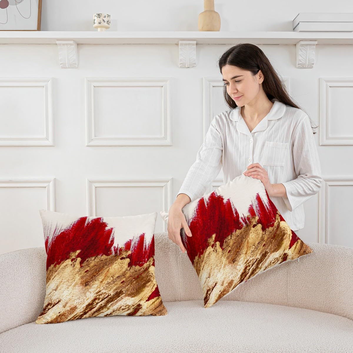 Feelyou Kids Red Throw Pillow Cover 20"x20" Set of 2 Red Gold Pattern Pillow Cases Cushion Covers for Teens Decor Abstract Art Decorative Throw Pillowcases Modern Style Cushion Cases Bedroom