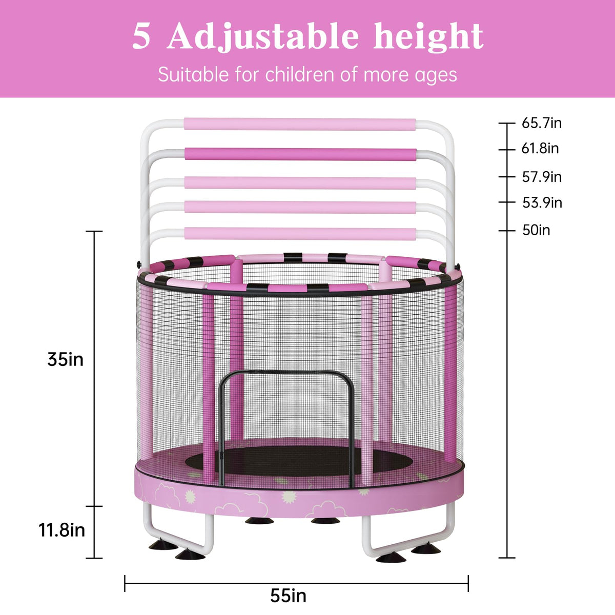 Lamerge 55" 7-in-1 Toddlers Trampoline for Kids, Upgrade Mini Trampoline with Safety Net, Indoor＆Outdoor Toy for Kids 3-8, 500lbs Capacity Trampoline for Boys & Girls, Adjustable Height – Pink Cloud
