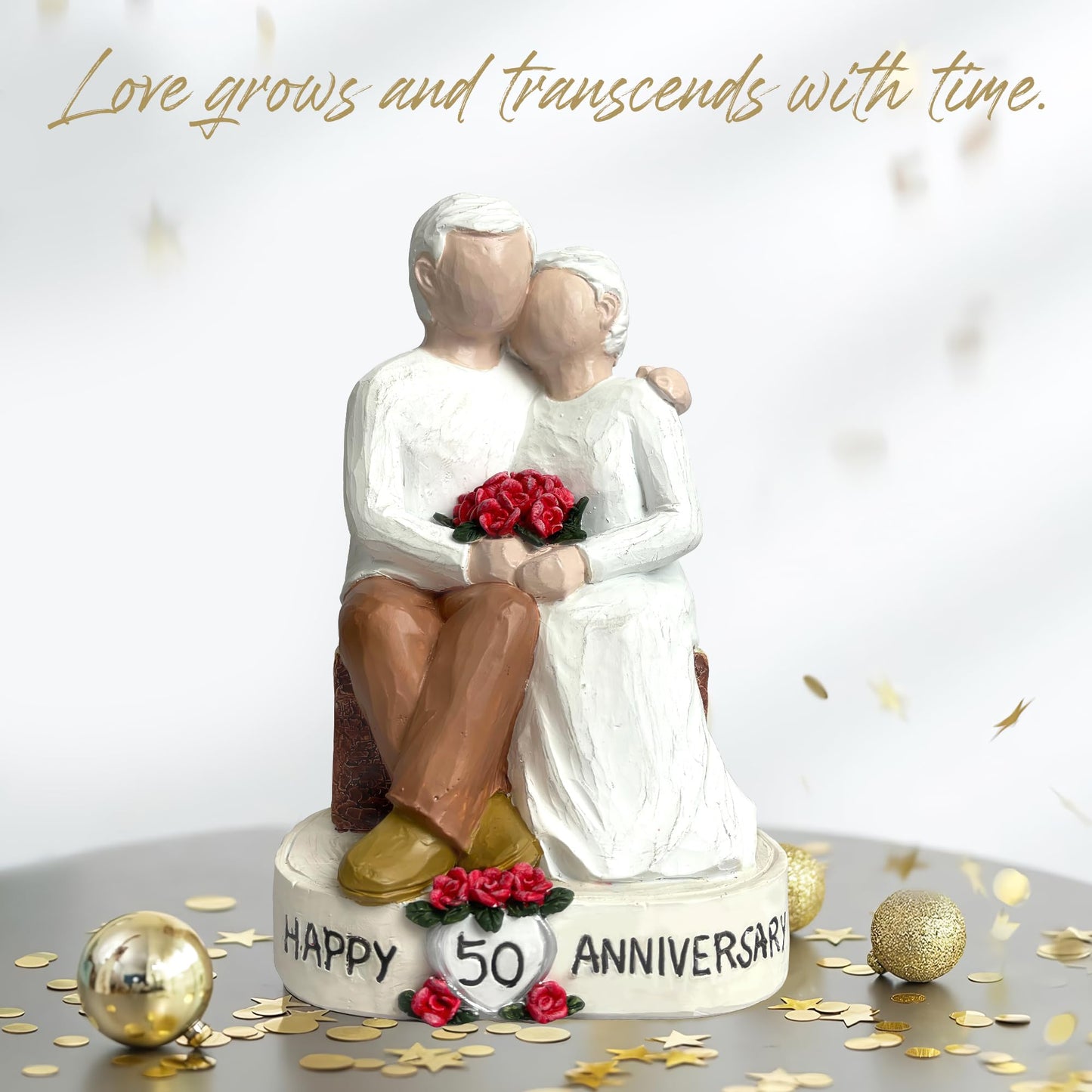 Bozspacer 50th Wedding Anniversary Couple Gifts - Loving Elderly Couple Figurines, Hand-Painted Resin Statue for Parents, Grandparents, Old Couple or 50th Marriage Anniversary, 5.9 Inch Tabletop Decor