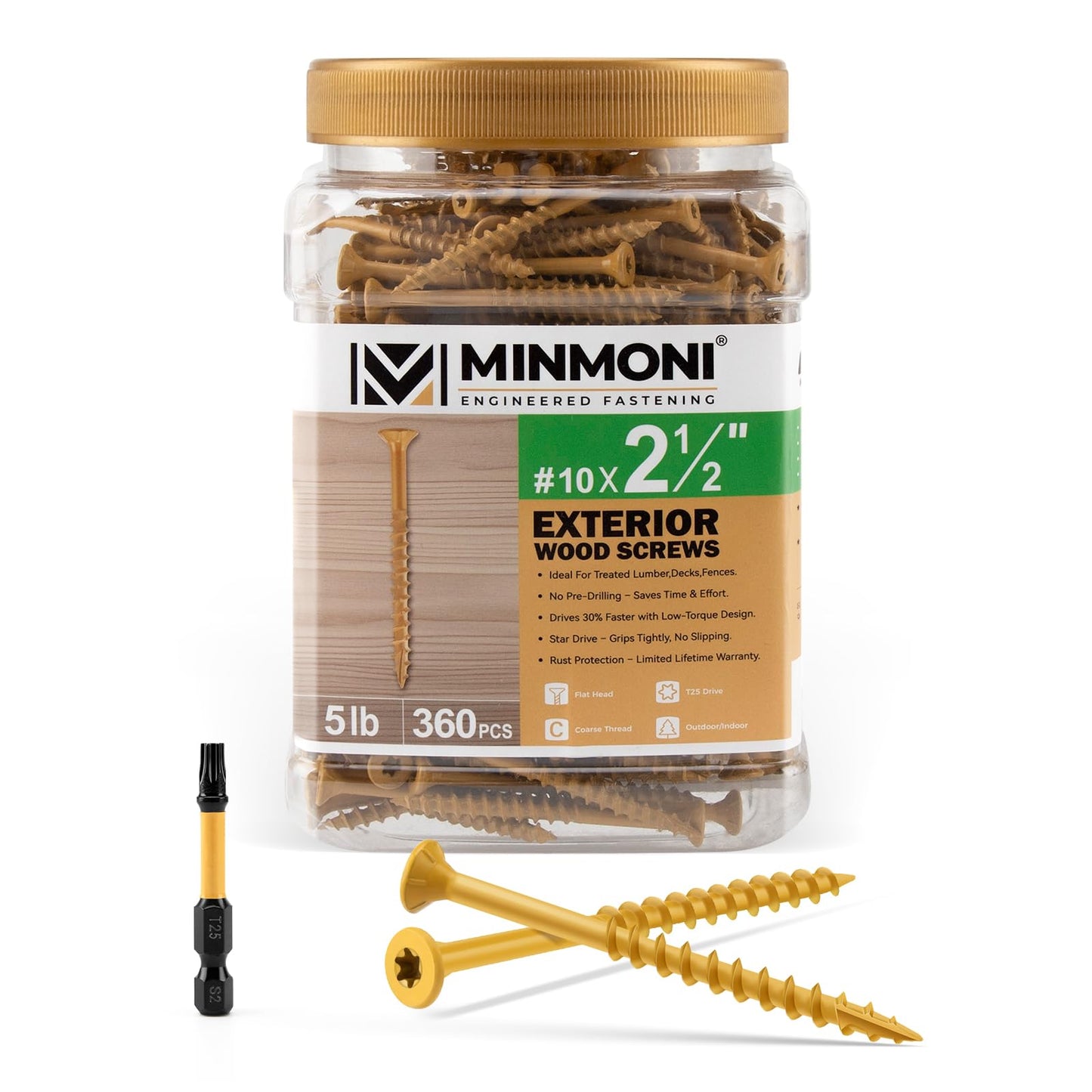 #10 x 2-1/2" Wood Screws (5 lb Box), Trox Flat-Head Exterior Deck Screws 360pcs, Multiple Size Available, Tan, T25 Star Bit Included