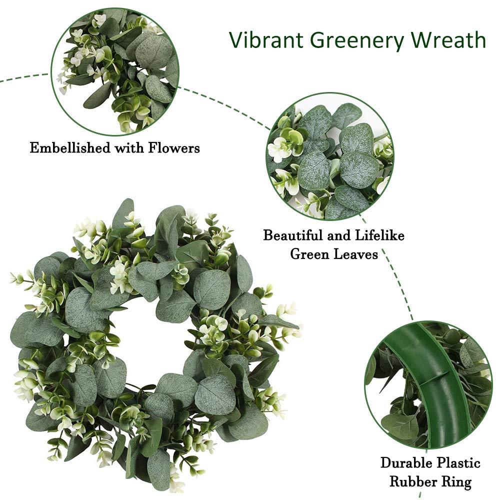 FULANDL 2PCS Artificial Eucalyptus Wreath, 11" Faux Green Leaves Wreath Farmhouse Greenery Wreath, Round Eucalyptus Wreath Outdoor Green Garland for Front Door Wall Hanging Window Decor
