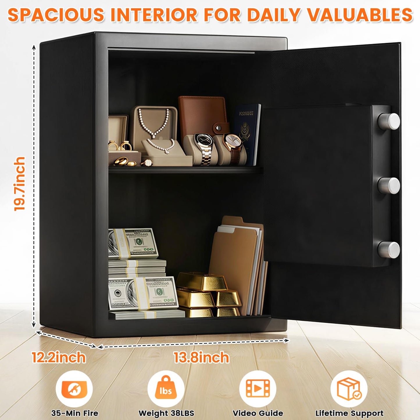 19.7"H Fireproof Safe for Home Ducument, 35Lbs Fire Home Safe Box with Fire Insulation & Backup Combination Lock, Heavy Duty Security Safe for Cash Passport Valuable Firearm, Anti-Theft Wall Mountable