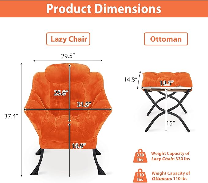 Youtanic Lazy Chair with Folding Ottoman, Accent Chair Plush Upholstered with Metal Structure and Non-Slip Pads, Sofa Armchair with Footrest and Side Storage Bag for Dorm, Room, Office, Orange