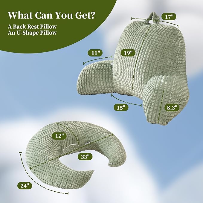 PAJEO Reading Pillow for Bed,U Shaped & Back Support Pillow for Bed,17" Backrest with Lumbar & Arm Support,Comfy Flannel Fabric,Lap Pillow for Gaming/Reading/Watching TV,Green