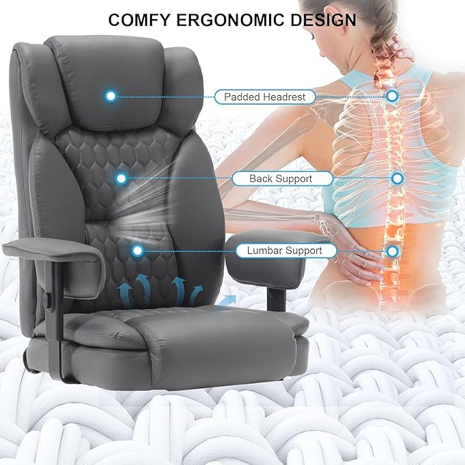 Reclining Office Chair with Footrest, 400Lb Big Tall Office Chair with Lumbar Support Pu Leather Computer Swivel Executive Chairs for Adult, High Back Recliner Office Desk Chair,Grey