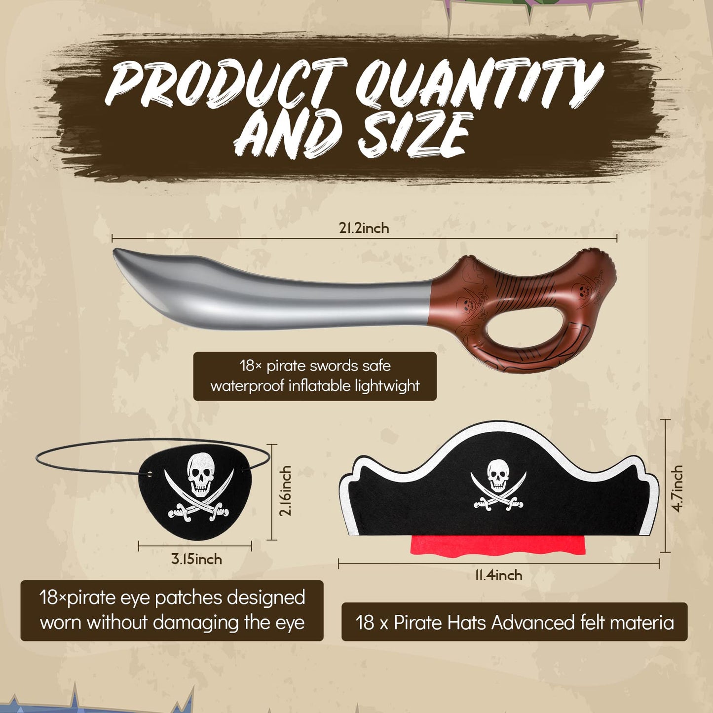 Cindeer 54 Pieces Pirate Party Set Pirate Hat Set Costume Party Supplies Includes 18 Hats 18 Eye Patches 18 Inflatable Swords for Cosplay Halloween Fancy Dress Stage Props