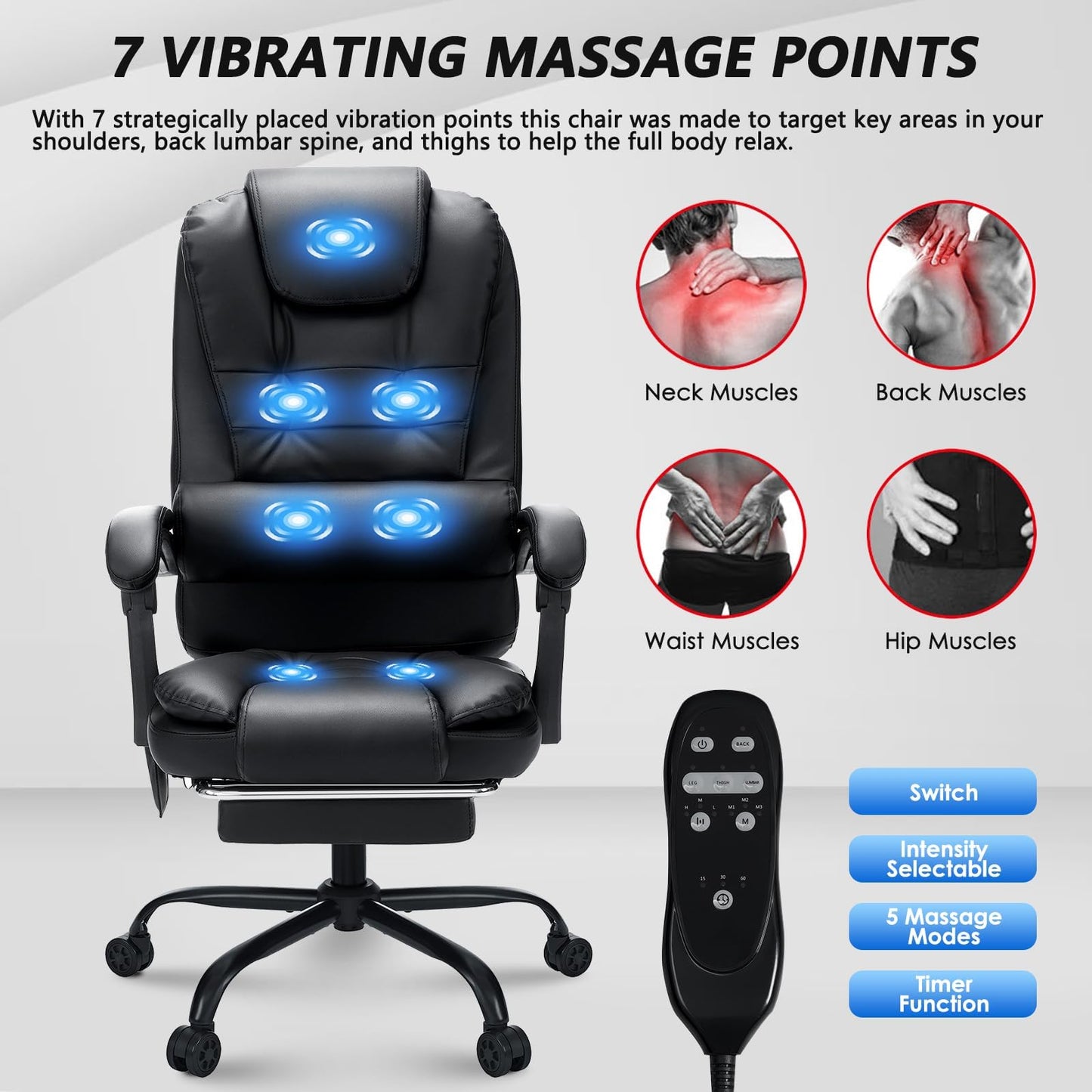 Massage Office Chair Reclining Office Chair with Footrest Soft Leather Executive Office Chair Ergonomic High Back Computer Desk Chair for Home Office Black