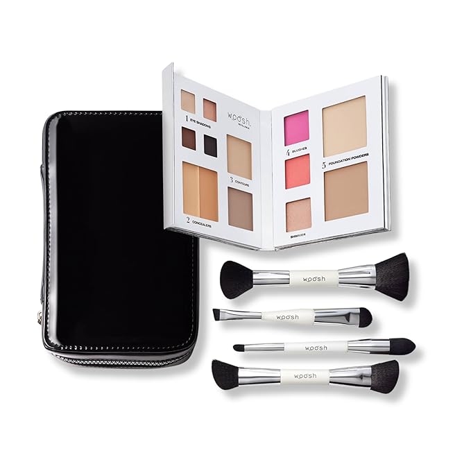 Woosh Beauty, Jetsetter Bundle in #2 Light Medium, Fold out Face Original, Essential Brush Set, Travel Case in Black