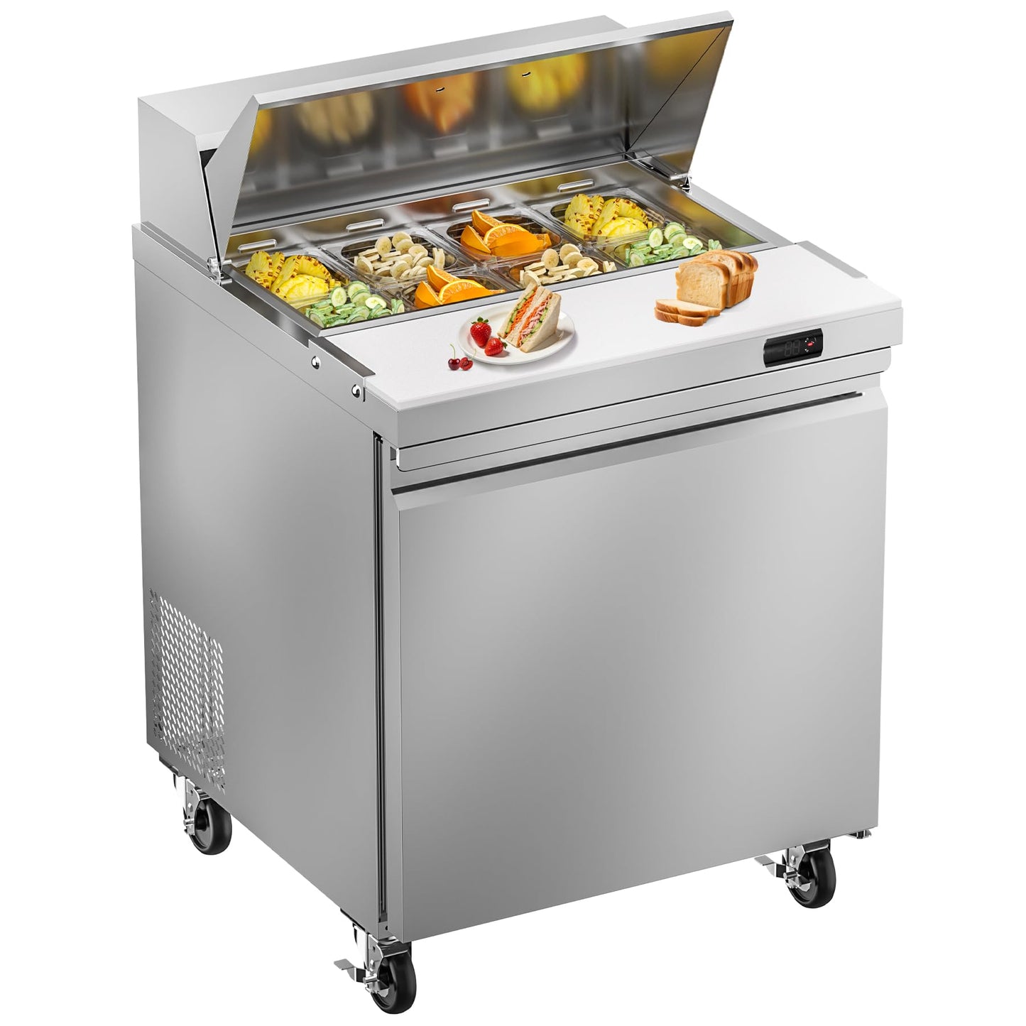 Rockitch 29" W Commercial Sandwich Salad Prep Table Refrigerator, 7.6 Cu.ft Single Door Stainless Steel Commercial Kitchen Refrigerated Equipment with 8 Pans for Restaurant, Bar, Shop, etc.