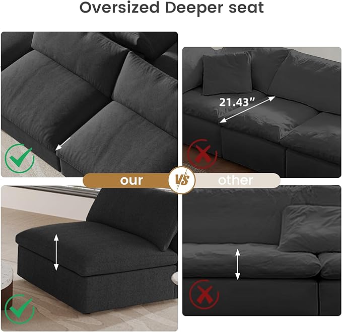 WJShome Cloud Couch Modular Sectional Sofa,160.6" Down Filled 5 Seater Convertible Sectional Sofas,V Shaped Couch for Living Room,Covers Washable&Replaceable (Black)